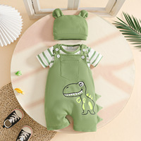 Conjunto de 2 piezas de verano para bebés: camiseta de algodón transpirable con tirantes y sombrero, y pantalones cortos de dinosaurio a rayas con diseño de triángulo.