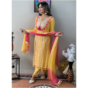 Yellow Kurti <b>Pant</b> Dupatta Set Rayon Embroidery Lace Work Ethnic Wear <b>Three</b> <b>Quarter</b> Sleeves Round Neck Solid Traditional Dress - Product Image 1