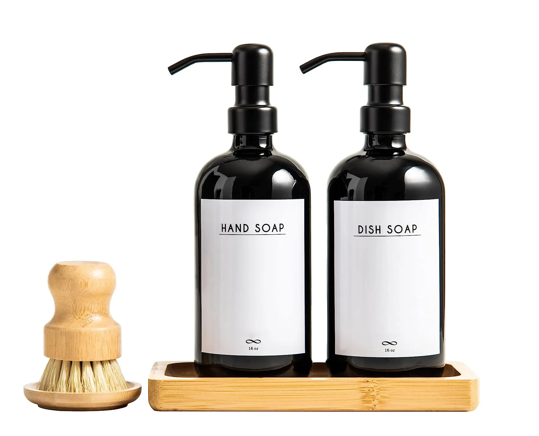 Dispenser di sapone in vetro nero con pompa e vassoio in bambù, set da bagno e da cucina