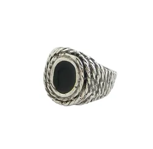 Handmade Italian Man Brass Ring with Natural Stone Onix Or Black Enamel, Resizable Sizes Made in Italy For Export