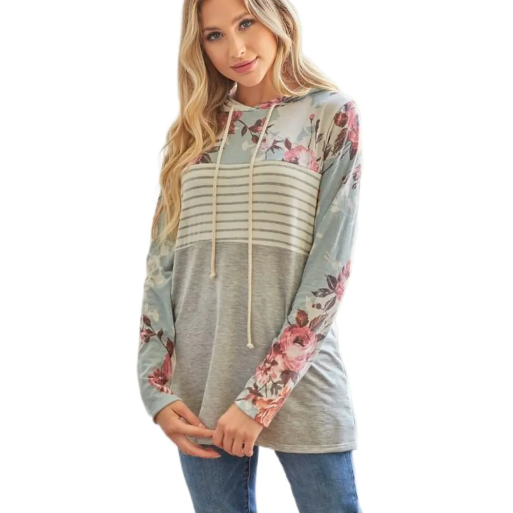 2022 Herbst benutzer definierte Baumwolle hochwertige Sudadera Vintage gewaschen Pullover Hoodie Floral Stripes Damen Hoodies & Sweatshirts