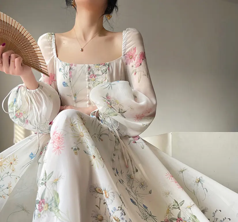 2023 French Elegant Floral Midi Dress Chiffon Long Sleeve Evening Party Dress Woman Beach Fairy One Piece Dress