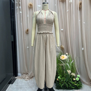 <span class=keywords><strong>Ensemble</strong></span> deux pièces pour femmes, style bohème d'été, débardeur à col halter court, associé à un pantalon en lin ample et évasé - Product Image 6