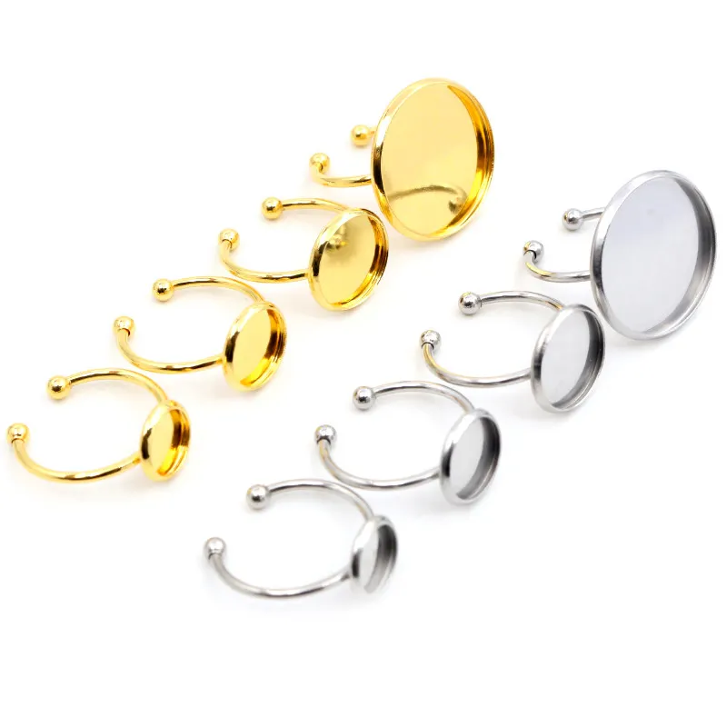 10pcs 8/10/12//14/16/18/20mm Stainless Steel Gold Plated Adjustable Ring Settings Blank/Base,Fit 8-20mm Glass Cabochons Bezels