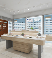 Agencement intérieur de l'opticien Sundo : Boutique d'optique de quartier avec vitrine en bois naturel et mur d'accentuation en liège sur mesure