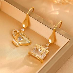 Pendientes de Botón Asimétricos de Moda Francesa para Mujer, Estilo Retro, Geométricos, de Cobre y Circonita, con Diseño de Copa de Agua, de Alta Gama, con Temperamento Exclusivo - Product Image 5