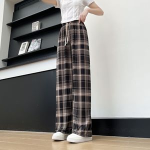 <span class=keywords><strong>Pantalon</strong></span> large à <span class=keywords><strong>carreaux</strong></span> pour <span class=keywords><strong>femme</strong></span>, taille haute, en soie glacée douce, printemps-été, fin et décontracté - Product Image 2