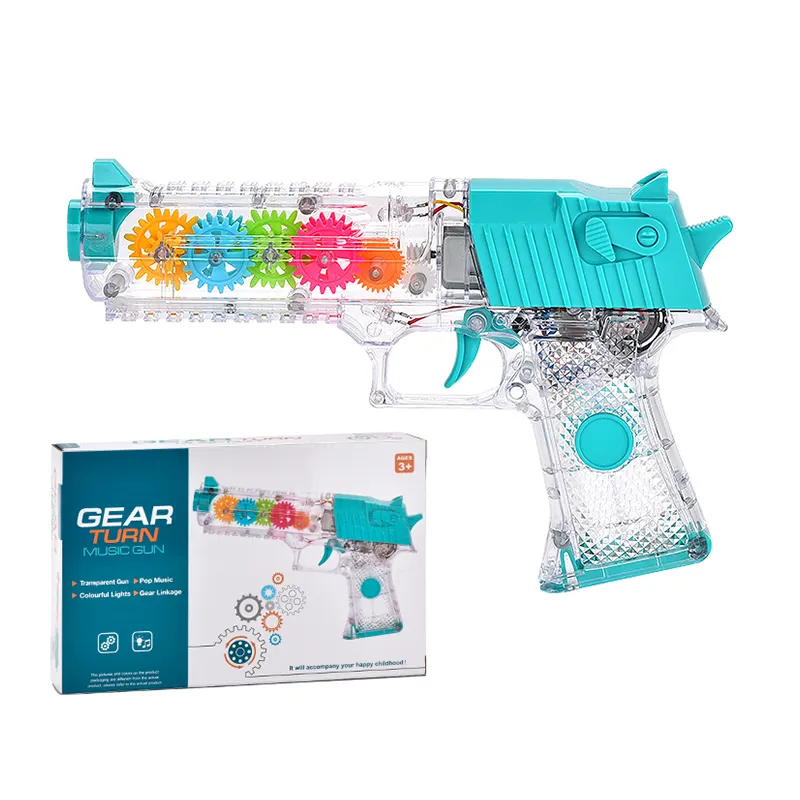 Newest electric transparent gear toy guns kids outdoor toys plastic pistol with light&music