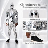 Costume de scène et de danse pour homme, intégral, avec miroirs hexagonaux et casque en forme de goutte d'eau argenté, pour cosplay Alien Sci-Fi, tenue unique