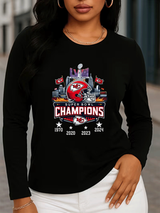 Camiseta de Manga Larga con Cuello Redondo, 100% Algodón Transpirable, Estampado Digital con Letras, Corte Regular, Informal, para <span class=keywords><strong>Mujer</strong></span>, de los Chiefs, Campeones del Super Bowl - Product Image 1