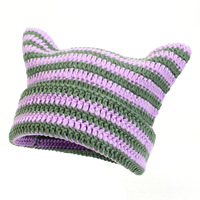 Mutsen Muts Met Oren Vrouwen Gebreide Kat Beanie Gestreepte Winter Warme Pet Met Kleine Oren