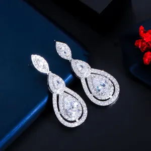 Shiny White Cubic Zirconia Water Drop Earrings for Brides Wedding Evening Party Costume Jewelry Accessories Rhodium Plated