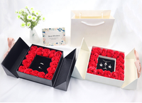 Boîte à bijoux double porte 16 roses, boîte cadeau pour bijoux avec fleurs préservées, boîte à rouge à lèvres et collier avec nœud