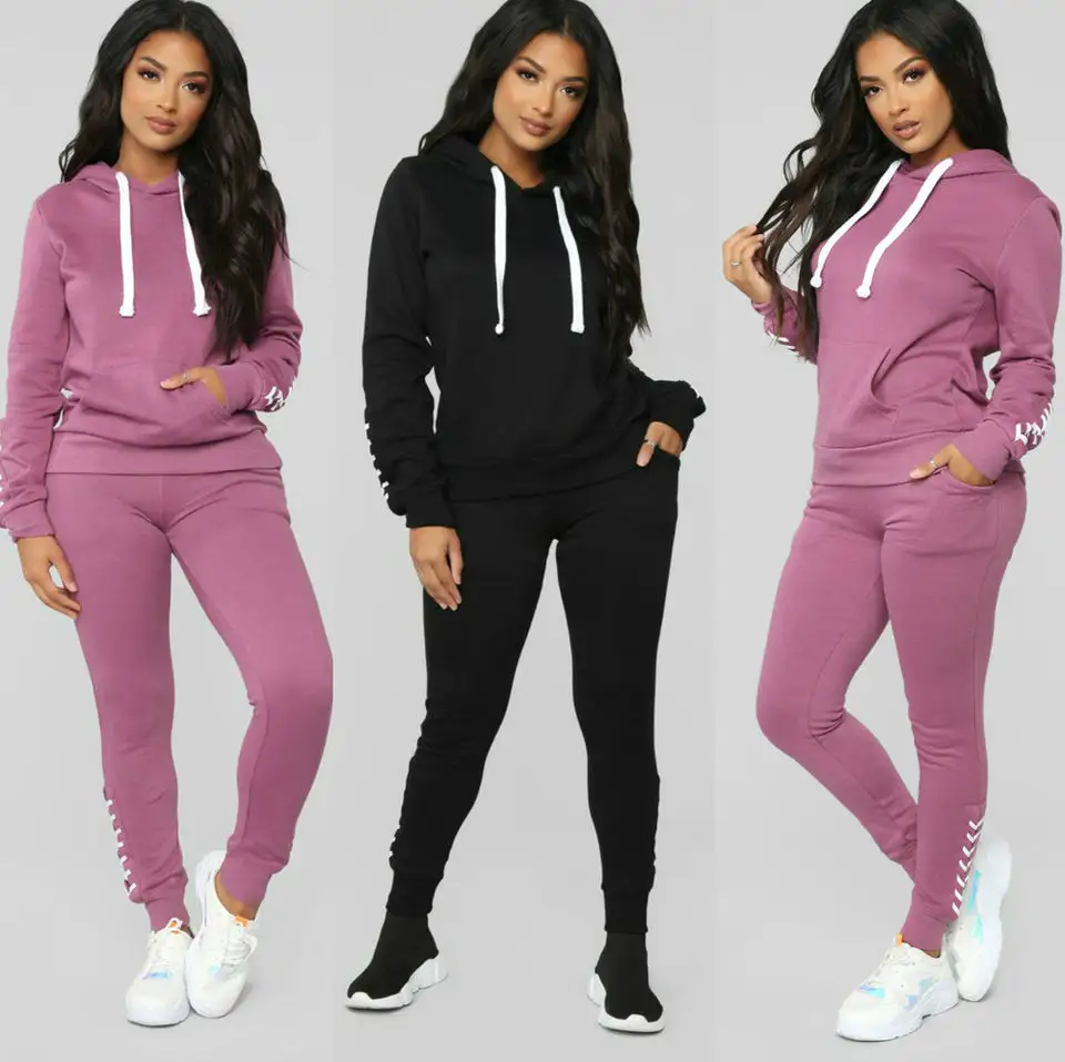 Two Piece Set Women Spring Tracksuit Hooded Solid Color Sweatshirt Top And Pants Suits Joggers Female Clothes Womens Sets