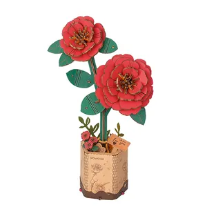 Robotime mainan rakitan Dekorasi Desktop Model bunga kerajinan mekar kayu TW031 puzzle anak-anak Camellia merah kayu 3D DIY