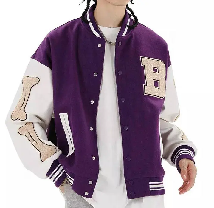 Custom Towel Embroidery Baseball Jacket Color Block Faux Leather Sleeves Outdoor Jacket Plus Size Men's Jacket