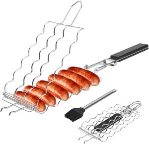 Soportes para perritos calientes SEB para asar con cepillo - <span class=keywords><strong>Cesta</strong></span> para 6 perritos calientes, clip de malla de acero inoxidable para barbacoa, mango de madera extraíble - Product Image 2