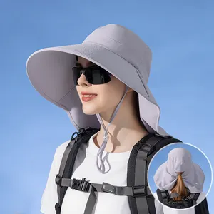 Topi pelindung terik matahari tepi lebar perlindungan UV matahari musim panas luar ruangan topi nelayan penutup leher wanita memancing tahan air