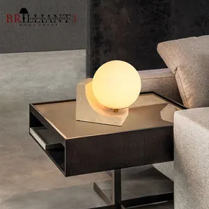 Good Quality Bedside Table Lamp Night Light Travertine Stone Globe Opal Glass Ball Reading Light