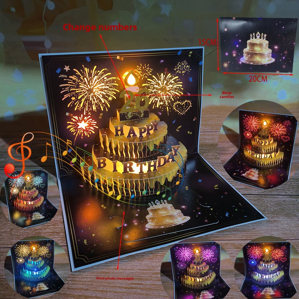 Birthday Cake Paper Sculpture Glowing Music Blowing Candles Song Lights 3D Minimalist Modern Greeting Card Gift