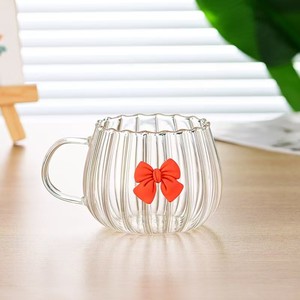 Schleifenknoten Hitzebeständige Glas-Tasse mit Niedlichem Großen Bauch und Vertikalen Streifen, Modische Einfache Kaffeetasse für Zuhause, Kürbis-Milchtee-Tasse - Product Image 3