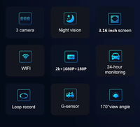 Caméra embarquée 2.5K avec 3 caméras, double objectif 1080p, vision nocturne, capteur G, écran IPS, WiFi, Novatek 9656X, angle de 170° pour K02
