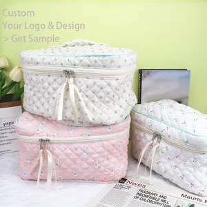 custom floral travel make up quilted cotton zip puffy makeup bag soft cases for women luxury polyester cosmetic travel pouch bag