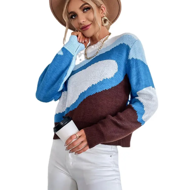Pull-over, personnalisé pour femmes, col ras du cou, en tricot, ample, à la mode, bleu et blanc contrasté