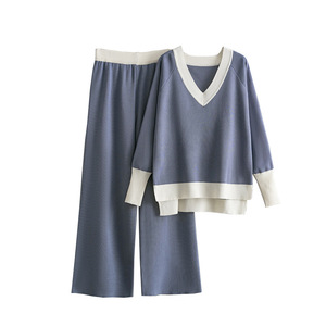 <span class=keywords><strong>Ensemble</strong></span> 2 pièces <span class=keywords><strong>d</strong></span>écontracté Blubelle en tricot patchwork color-block, nouveau pour l'<span class=keywords><strong>hiver</strong></span> 2025, pull à col en V pour <span class=keywords><strong>femme</strong></span> + pantalon large long - Product Image 6
