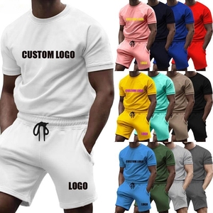 Ensemble deux pièces décontracté pour homme, avec logo personnalisé, respirant, pour sports d'été en extérieur, short à manches courtes, 100 % coton tricoté 180g, uni 3D - Product Image 2
