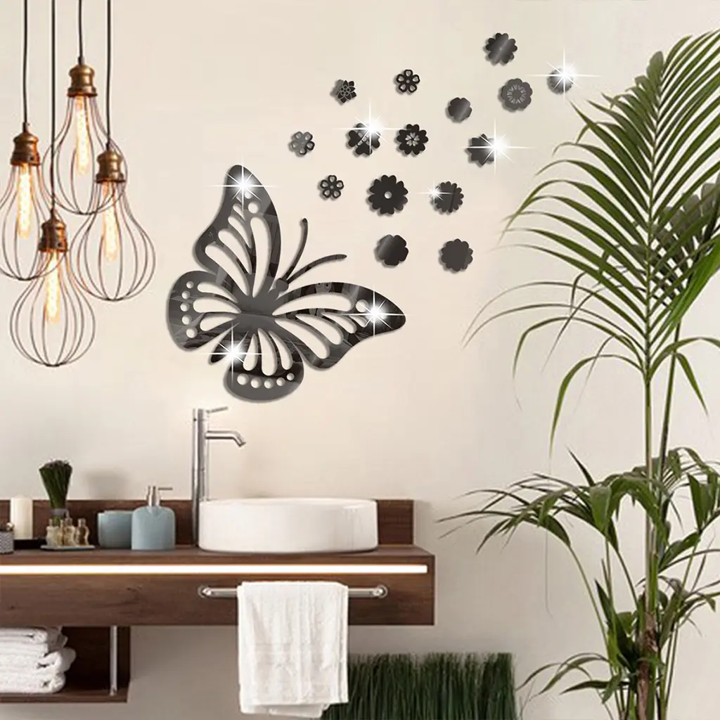 Butterfly flower mirror sticker cross border personality DIY living room decoration acrylic mirror wall sticker