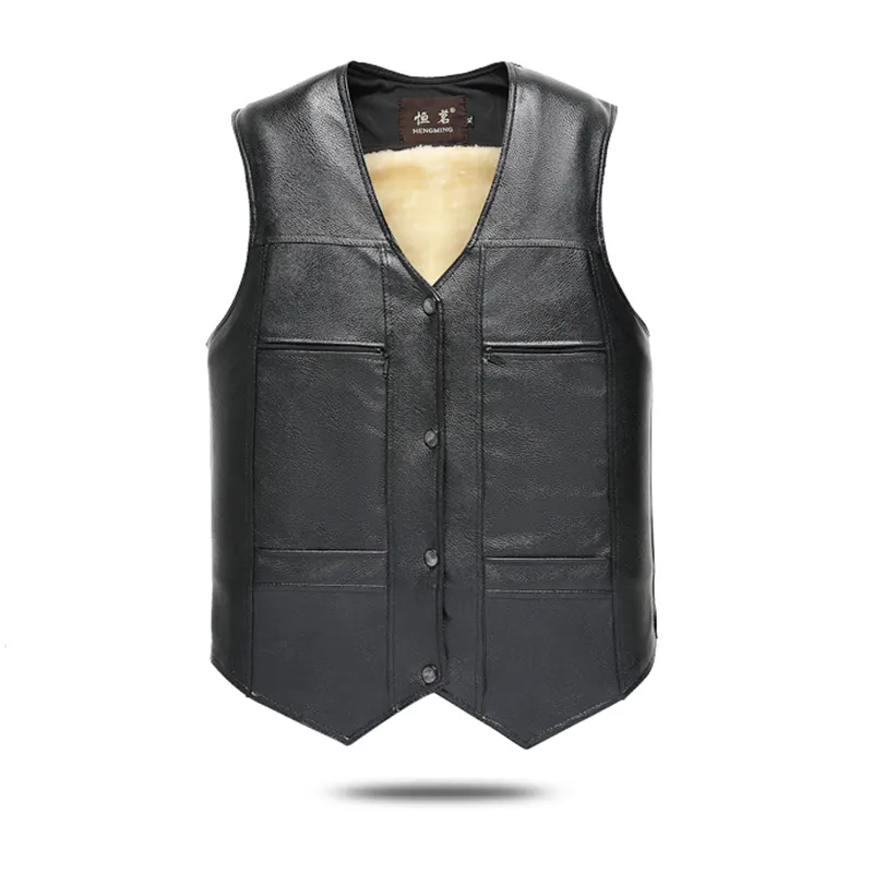 2021 New Warm Winter Sleeveless Black Studded Jacket Vest 4 Pocket Cardigan PU Leather Waistcoat Men Motorcycle Vest Coat