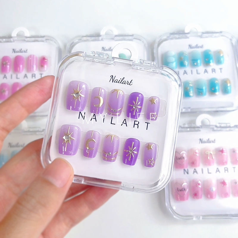 In Stock 10pcs Short Coffin Full Cover ABS Nail Art Tips S/M/L Gilding Gold/Silver Stars Press on Nails for Fingers