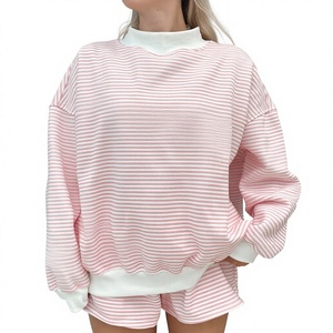 Sudadera de punto grueso con cuello simulado y hombros caídos a rayas, estilo casual oversize para mujer, ideal para otoño e invierno. - Product Image 5