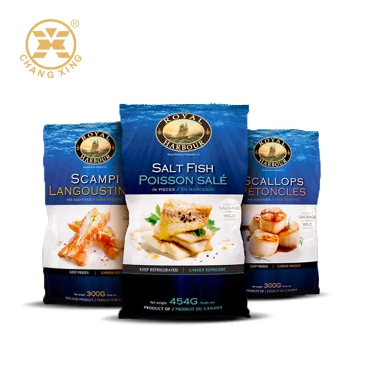 Resealable frozen food packaging bag/ frozen fish meat storage bag/ freezer scallops frozen food packaging