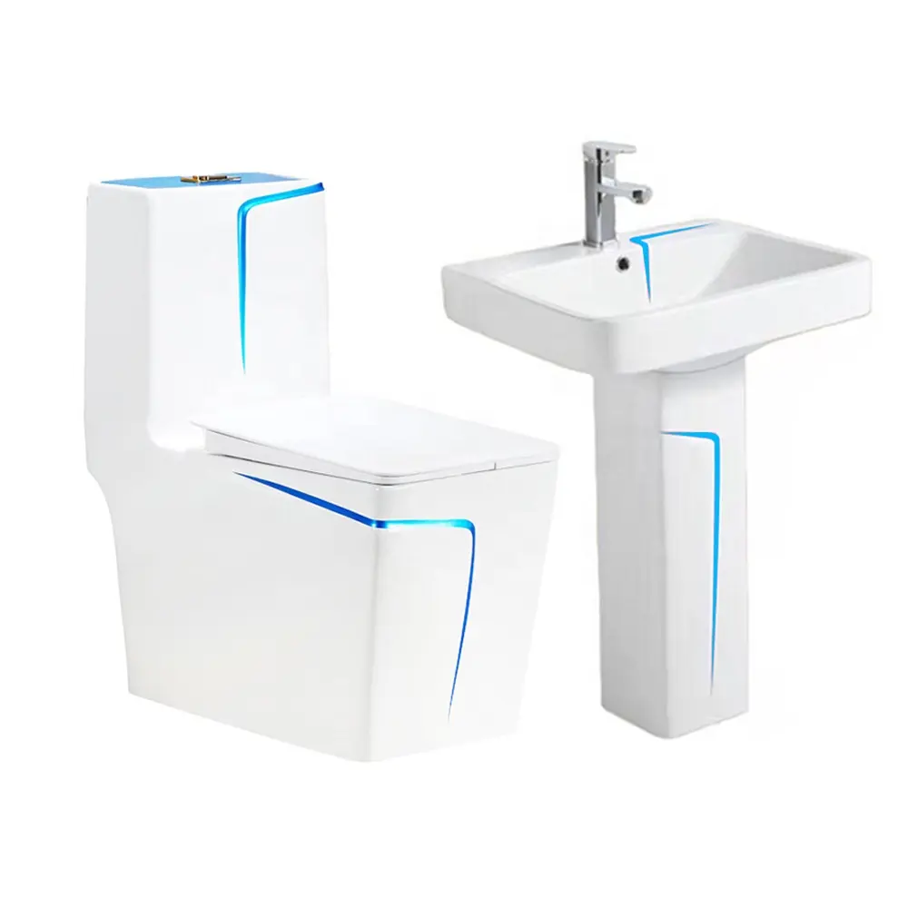 Artículos sanitarios para baño, traje de lavabo de inodoro CE, correa de lavabo de pedestal de inodoro blanco y azul, inodoro Ptrap, armario de agua
