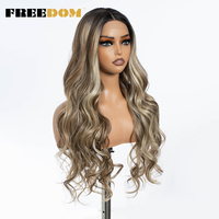 Wig Rambut Sintetis FREEDOM untuk Lace Front, Panjang Bergelombang 30 inci, Model Body Wave Belah Tengah, Lace Transparan, Warna Pirang Merah Biru Coklat, untuk Cosplay