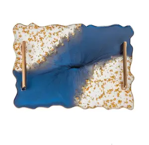 9x12" Topaz Resin Epoxy Tray with Golden Handle Decorative Blue Wave Edge Tray 100% Waterproof and Washable