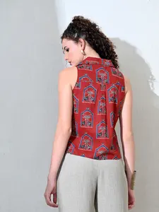 Dusk in Red Casual Summer Woven Notch Collar Camisa sin mangas con tapeta frontal 100% algodón de secado rápido - Product Image 3