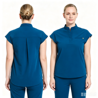 Atasan Scrub Kerah Tegak Setengah Kancing Lengan Pendek Multi-Saku Bahan Stretch Seragam Medis OEM Klinik Kecantikan & Gigi Atasan Kerja Perawat