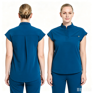 Blouse médicale à col montant, demi-fermeture, manches courtes, multipoches, extensible, uniforme médical OEM, pour infirmières de cliniques esthétiques et dentaires - Product Image 3