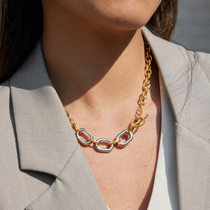 Stainless Steel Color Blocked Chain <b>Necklace</b> Geometric Design OT Clasp For Women Gift Jewelry - Product Image 2