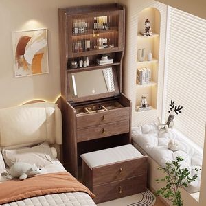 Solid Wood Dressing Table With <b>Mirror</b> Flip Top Chest Of Drawers Bedroom Storage Cabinet Makeup <b>Vanity</b> <b>Small</b> Desk Walnut Color - Product Image 1