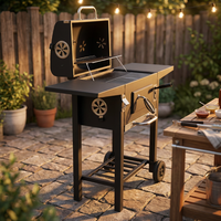 Barbecue à charbon de bois pliable moderne en acier avec chariot, hauteur réglable, finition thermolaquée pour le camping et l'extérieur domestique