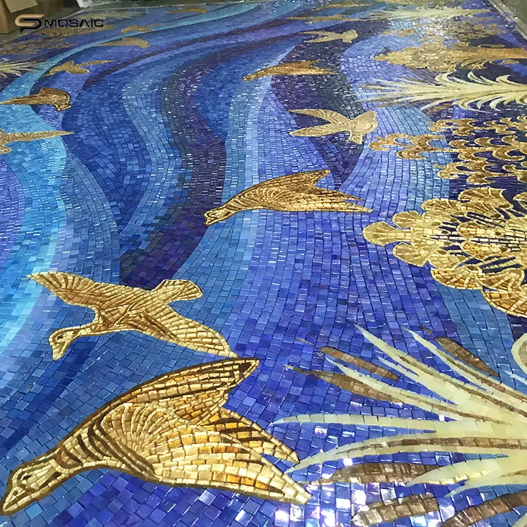 Carreau de mosaïque coloré motif bleu vif or oiseaux blé mur art murale conception personnalisée grande taille décoration de sol carrelage en mosaïque