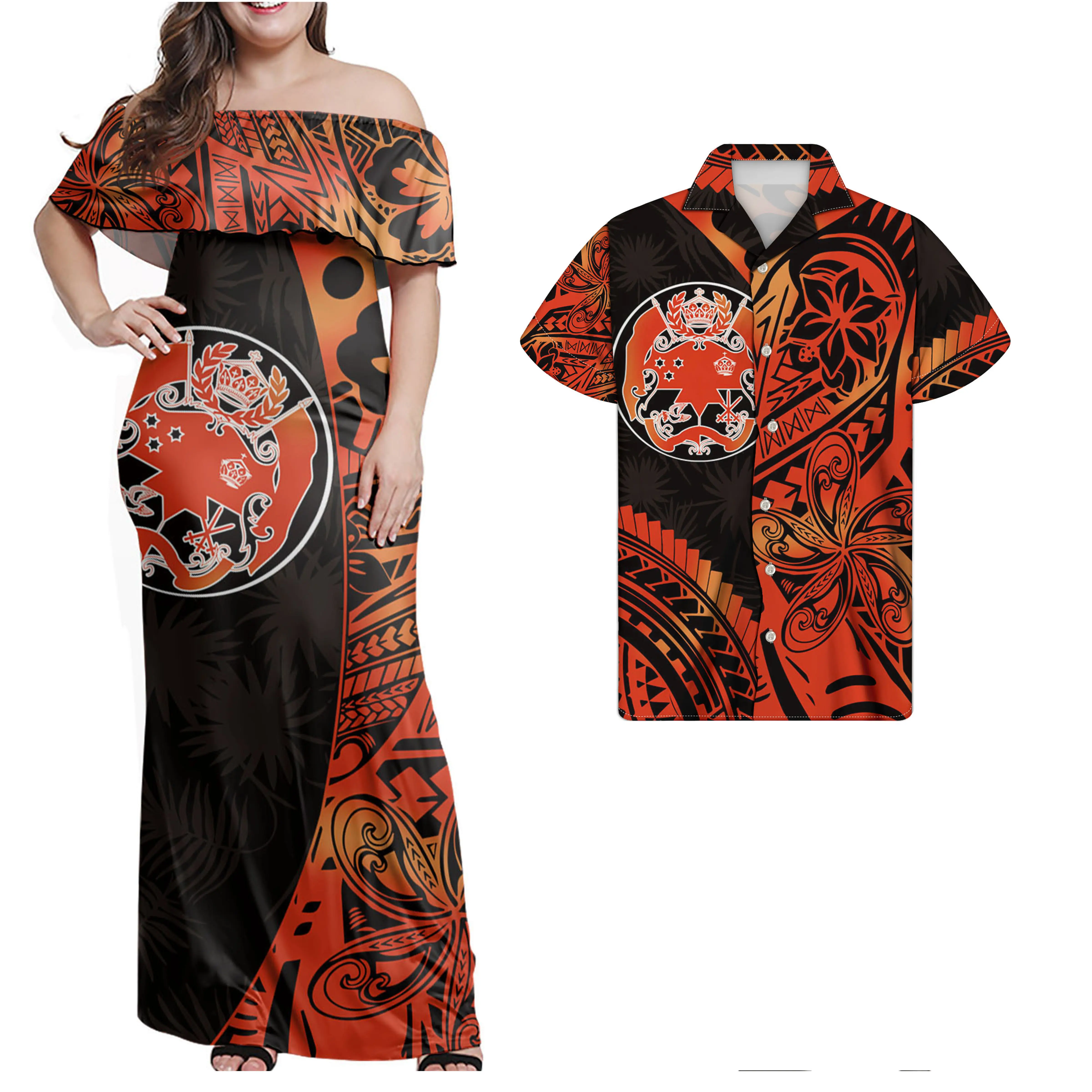MOTONGAポリネシアの部族の印刷カスタムパターンデザイン魅力的な女性のワンショルダーノースリーブドレスとメンズシャツのセット