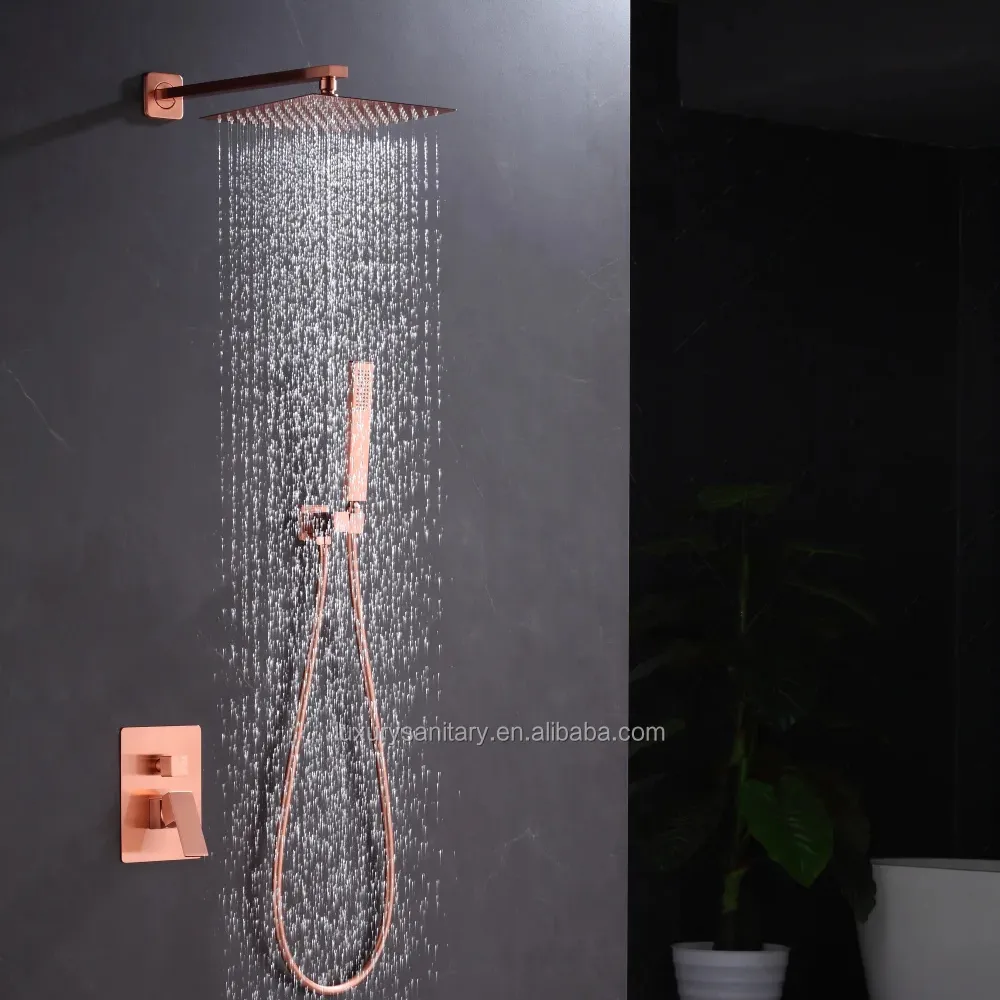 Nuevo estilo de moda, sistema de ducha de color cobre rojo, juego de ducha de baño montado en la pared con cabezal de ducha de alta presión de 12 pulgadas