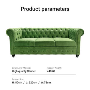 Sofá Chesterfield de Terciopelo Verde de 3 Plazas, Sofá Comercial Acolchado para Salón, Muebles Tapizados para Vestíbulo de Hotel con Brazos Enrollados - Product Image 6