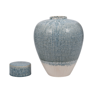 Vaso Decorativo in Ceramica con Coperchio, Blu Smaltato con Motivo a Griglia, per Soggiorno, Camera da Letto, Ufficio, Arredamento Casa - Product Image 2