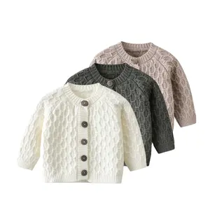 Sweater rajut bayi perempuan, kardigan Sweater Solid katun lembut 2023 musim semi dengan kancing tunggal 100%